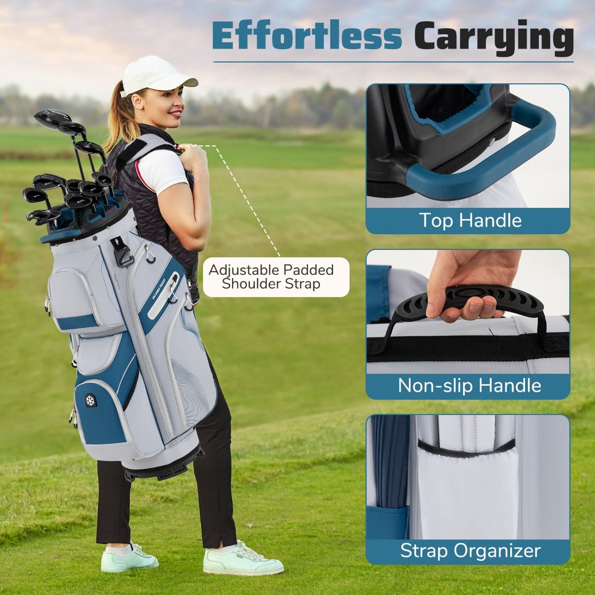 Coast Golfbag met 14 Vakken, 11 Zakken, Draagriem & Regenhoes – Lichtgewicht Golfkar Tas – 34x24x90,5 cm – Marineblauw