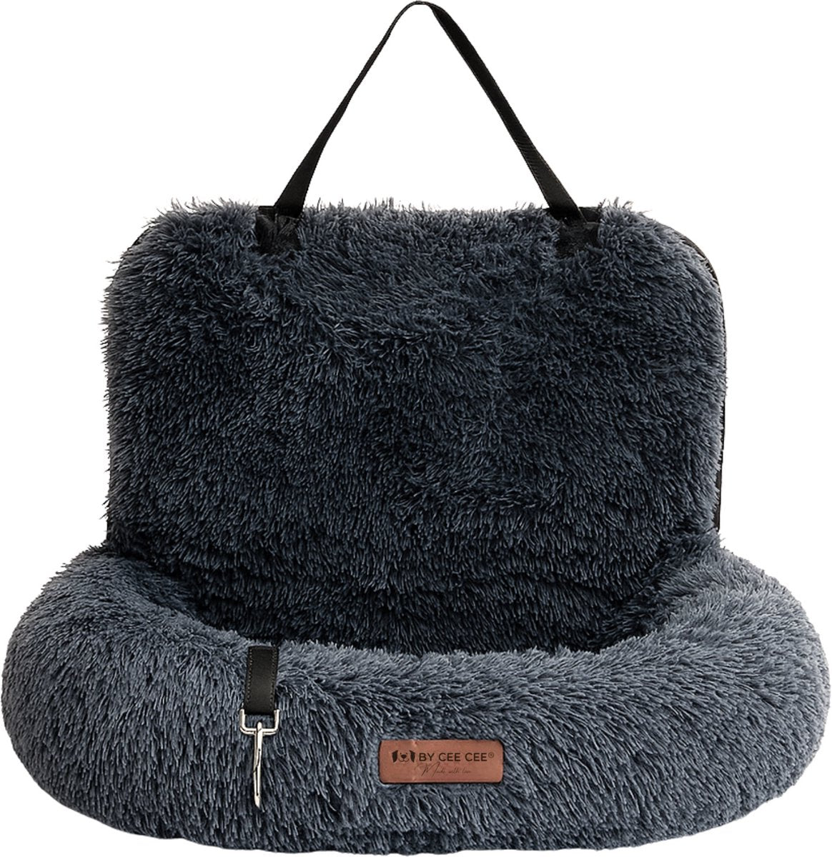By Cee Cee – Autostoel Hond Deluxe – Maat M – Voorzien Van Veiligheidslijn En Foam Flakes Vulling En Afritsbare Hoes – Voor Achterbank – Donkergrijs Polyester