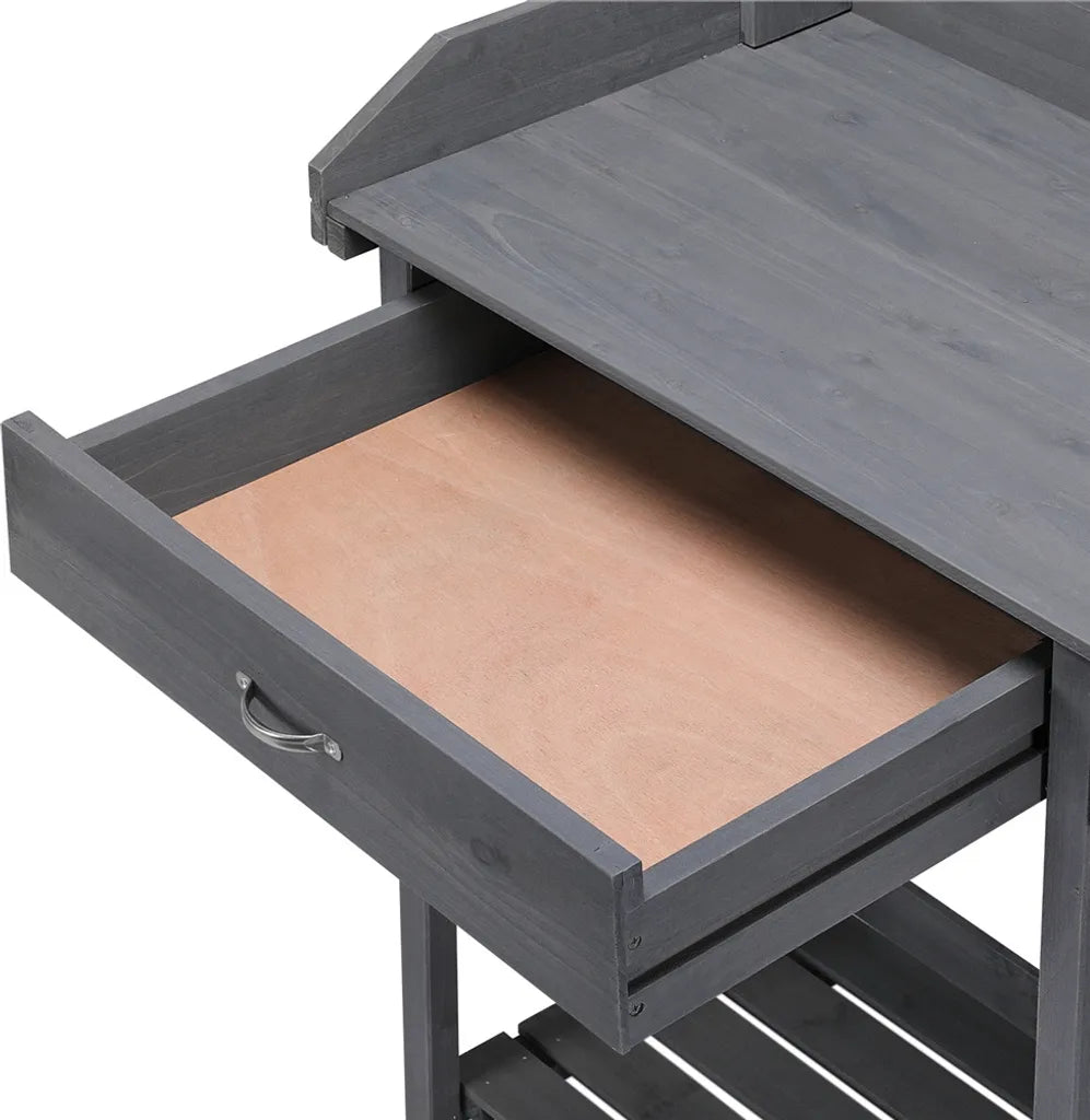 Yaheetech Oppottafel met Spoelbak 114,8 x 45 x 121 cm - Grijs - Houten Planttafel met Lade en Verstelbare Plank