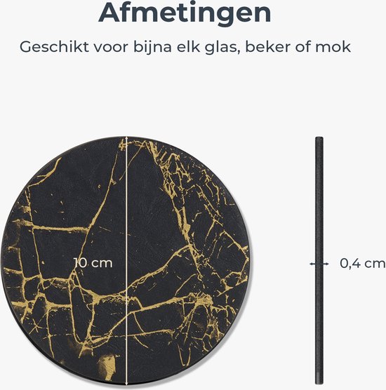 Castagnola Kunstlederen Onderzetters – Onderzetters voor Glazen – Design Onderzetters met Houder – Leren Onderzettersset – Leder – Set van 16 – Marmer look - Zwart/Goud