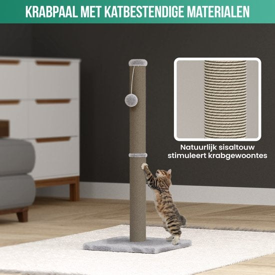 Avalo Krabpaal met Speelballetje - 36x36x74 - Lichtgrijs - Krabpaal voor Katten