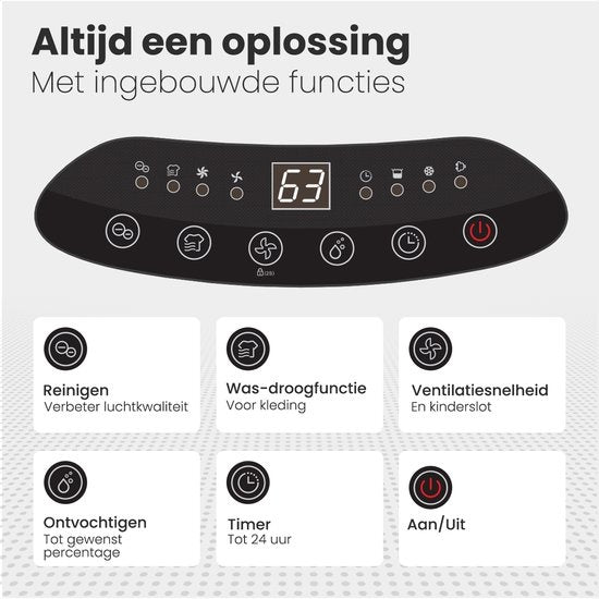 Auronic - Luchtontvochtiger - 16 l Capaciteit - Digitale Vochtigheidsmeter - Met Nachtmodus & Timer - 2 l Watertank - Kunststof - Wit