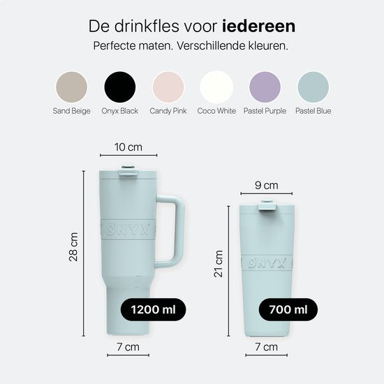 ONYX Drinkfles met Rietje 700ML - Waterfles voor Kinderen & Volwassenen - Thermosbeker RVS Travel Mug - Motiverende Drinkbus - Drinkbeker voor School - Pastel Blue