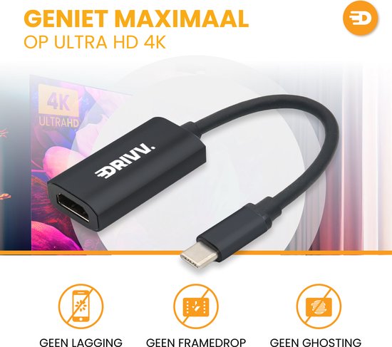 Drivv. USB C naar HDMI Adapter - Ondersteunt 4K 60Hz - Type C to HDMI - Thunderbolt 3 - Zwart