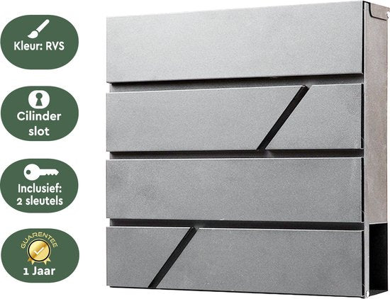 BRASQ Brievenbus Hangend Grijs Deluxe - Wandbrievenbus met Slot en krantenvak - Incl. Montagemateriaal & 2 Sleutels - Postbus - brievenbus - RVS