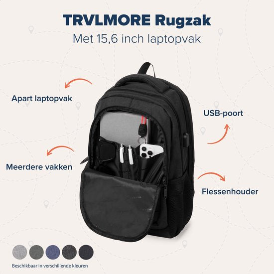TRVLMORE Rugzak met Levenslange - Rugtas met 15,6 Inch Laptopvak - Schooltas - Spatwaterdicht - Heren en Dames - Jongens en Meisjes - 28L - Zwart
