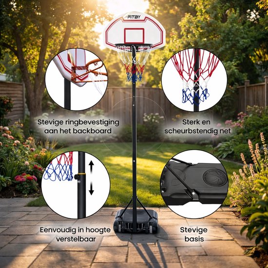 Fitby Basketbalpaal - Basketbalring met standaard - Verstelbaar - 150-205 cm - Stevig Voetstuk met wieltjes