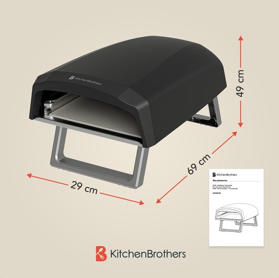 KitchenBrothers Pizza Oven - Gas - Tafelmodel - Inklapbaar - Pizzasteen - Dubbele Brander - Pizzaoven voor Buiten - Zwart/Grijs - Vaderdag Cadeau