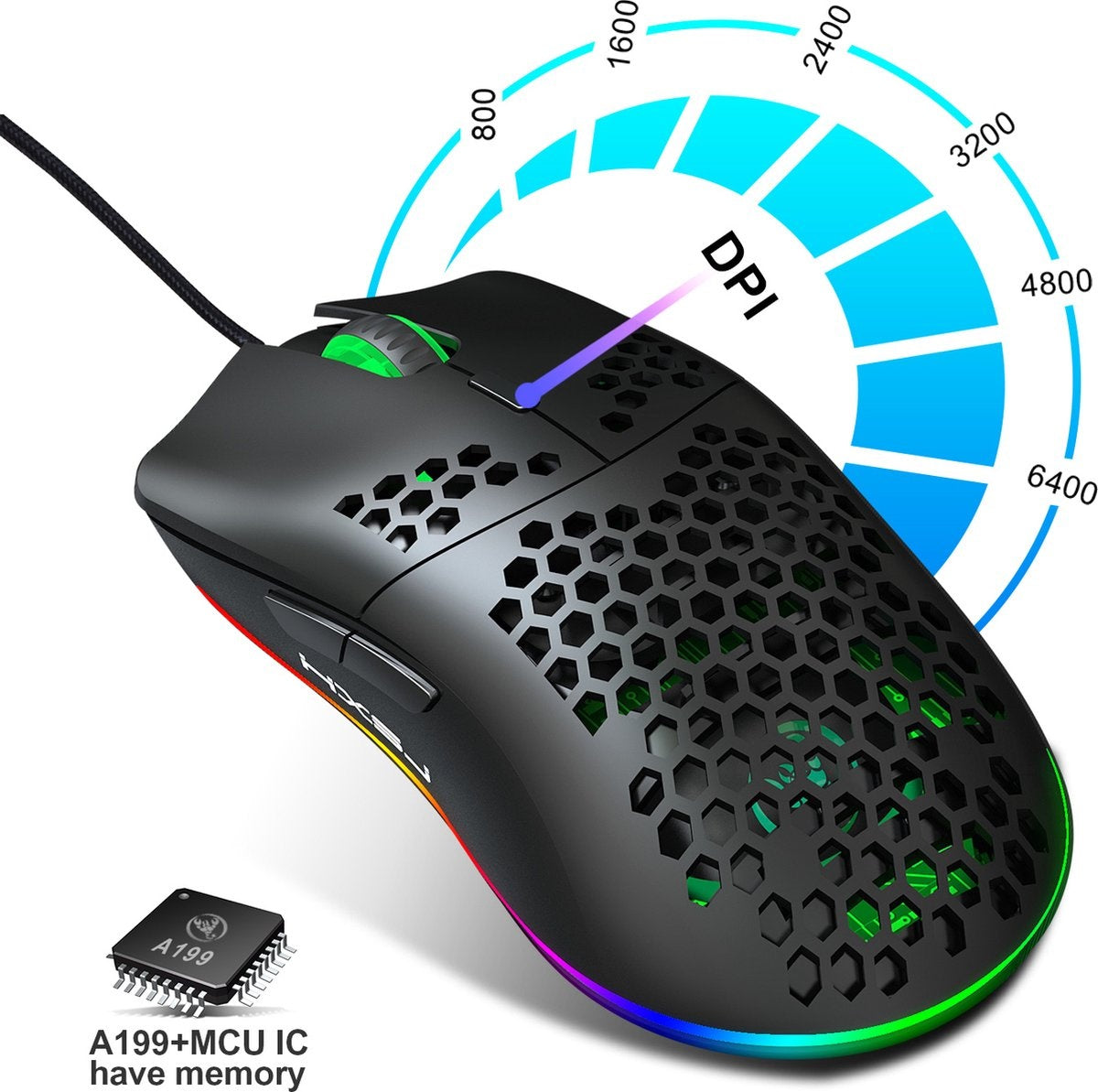 HXSJ J900 Optisch Gaming Muis - Ultra licht - RGB Verlichting - 6400 DPI - Zwart
