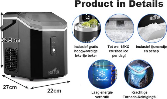 Bardi 1.1L - Nugget Ice Machine Square - Crushed Ice Maker met IJslepel - 15kg/24 uur - IJsblokjesmaker - Met Luxe Thermosbeker - Zwart