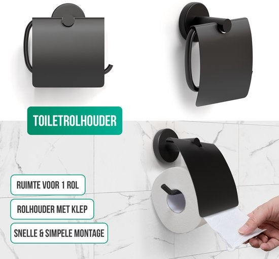 Avalo Toiletaccessoireset Zwart 4-delig - Luxe Toilet Set - Toiletborstel met Houder / Toiletrolhouder / Reserverolhouder / Handdoekhaak - Incl. Bevestigingsmateriaal