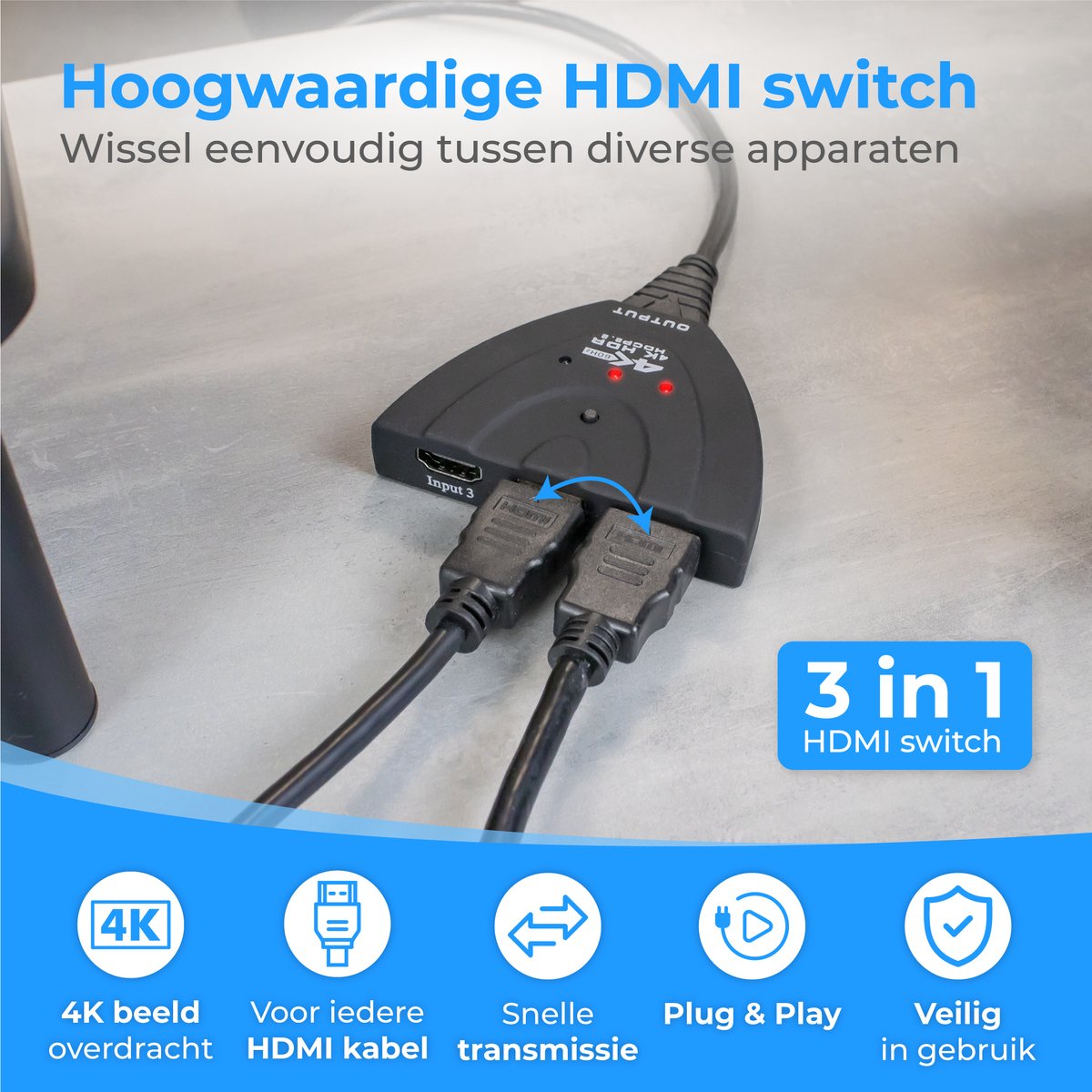 Nuvance HDMI Switch – 3 Ingangen, 4K 60Hz Ondersteuning – 60 cm – Zwart