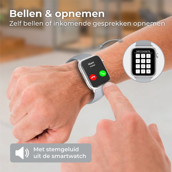 Nuvance - Smartwatch Heren & Dames met Bluetooth - 45mm - Geschikt voor alle Smartphones - Stappenteller en Hartslagmeter - Waterdicht - Grijs
