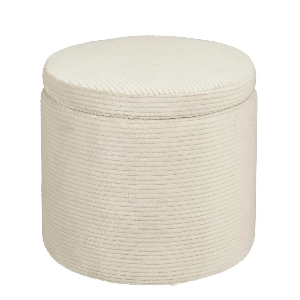 Mica Decorations Ronde Opbergpoef met Deksel - Ø 42 x 40,5 cm - Polyester met Houten Frame - Off-white