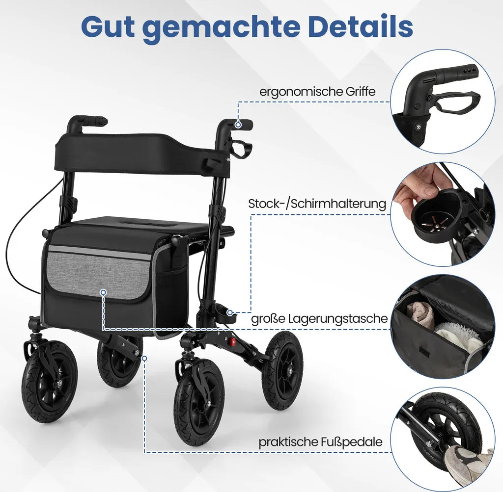 Coast Opvouwbare Rollator Zwart – 2-in-1 Reisrollator met Zitje en Luchtbanden – 62 x 82 x 81,5-97 cm