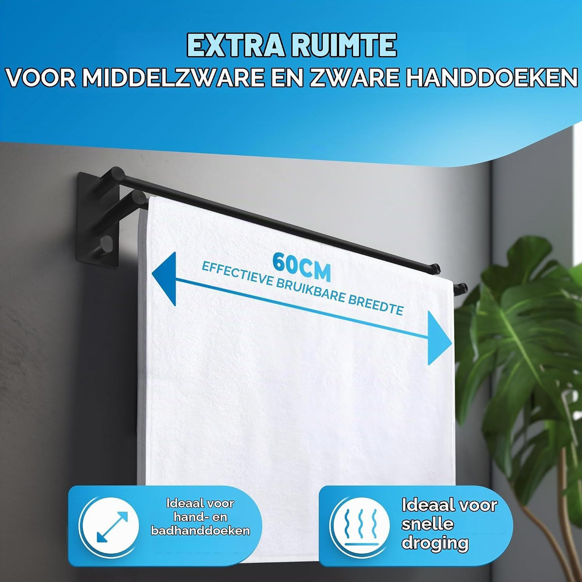LOBUX Dubbele Handdoekhouder - Zonder Boren - 60 cm - Zwart