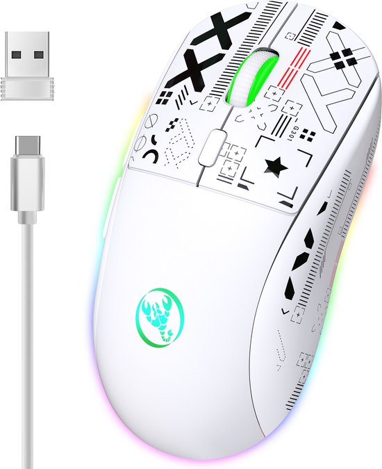 HXSJ T90 2.4G Stille Draadloze Gaming Muis - Bluetooth - Computermuizen - Ultra licht - RGB Verlichting - Wit