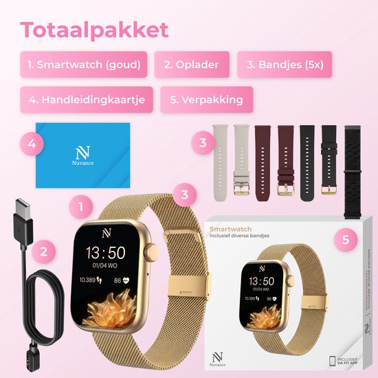 Nuvance Smartwatch Dames - Stappenteller Horloge Dames - Hartslagmeter - Sporthorloge - Geschikt voor iOS/Android - AMOLED - Incl. 5 Bandjes - Goud
