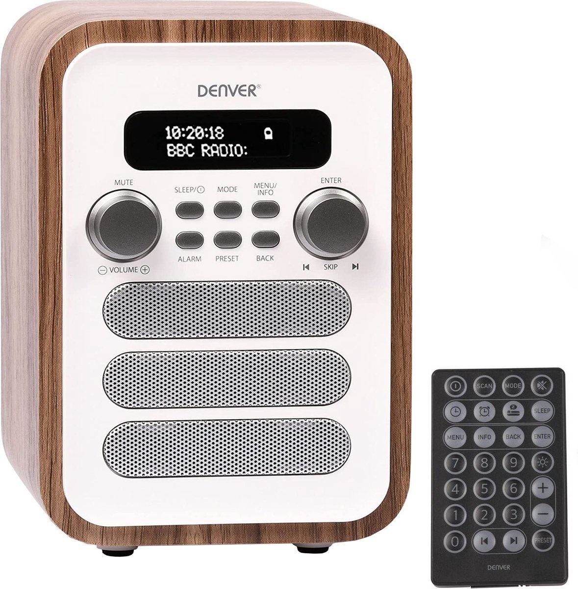 Denver DAB48W DAB+/FM Retro Radio – Bluetooth – 25W – LCD Display – 80 Voorkeurszenders – Wekker & Slaaptimer – Inclusief Afstandsbediening