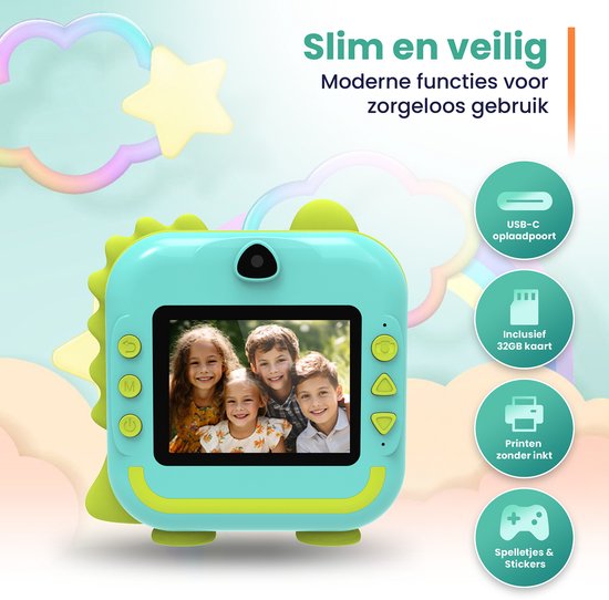 ODESSEY Kindercamera met Printer - Full HD - Selfiecamera - 32GB SD Kaart - Foto - Video - Spelletjes - Digitale Camera Kinderen - Fototoestel voor kinderen - Dino