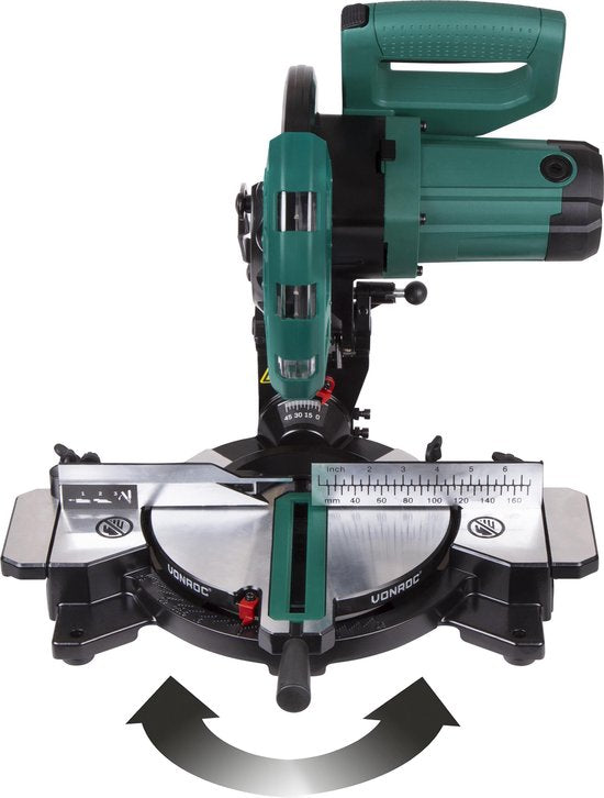 VONROC Afkortzaag – Elektrisch, Met Laser & Ø216 mm Zaagblad – 1700 W – 79 x 46,5 x 36 cm – Zilver/Zwart
