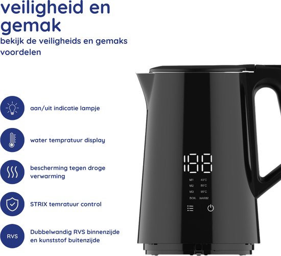 Safecourt Kitchen smart waterkoker - Warmhoudfunctie - 5 temperatuurinstellingen - 1,7 L - Zwart
