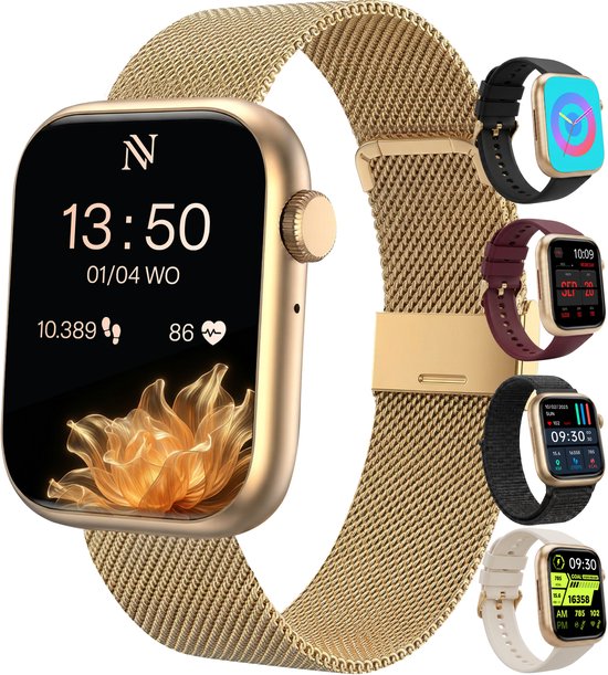 Nuvance Smartwatch Dames - Stappenteller Horloge Dames - Hartslagmeter - Sporthorloge - Geschikt voor iOS/Android - AMOLED - Incl. 5 Bandjes - Goud