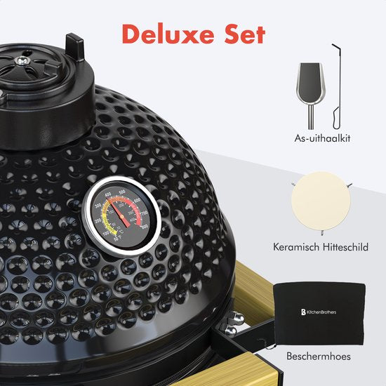 KitchenBrothers Kamado BBQ– Incl. Accessoires & Pizzasteen – 50 x 38,5 x 47 cm – Zwart