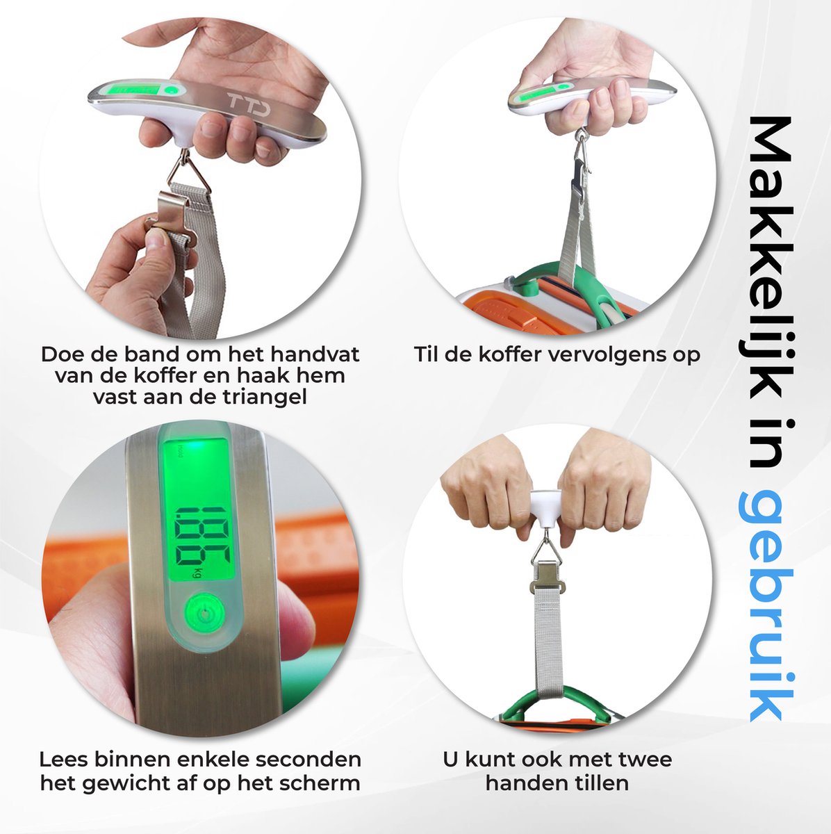 TTD® Kofferweegschaal met Verlicht Scherm - Weegcapaciteit 50 kg - Bagageweegschaal - Bagageweger - Hangweegschaal - Digitale Bagageweegschaal - Kofferweger - Reizen met Vliegtuig - kg/g/lbs/oz - Inclusief Batterijen - Wit