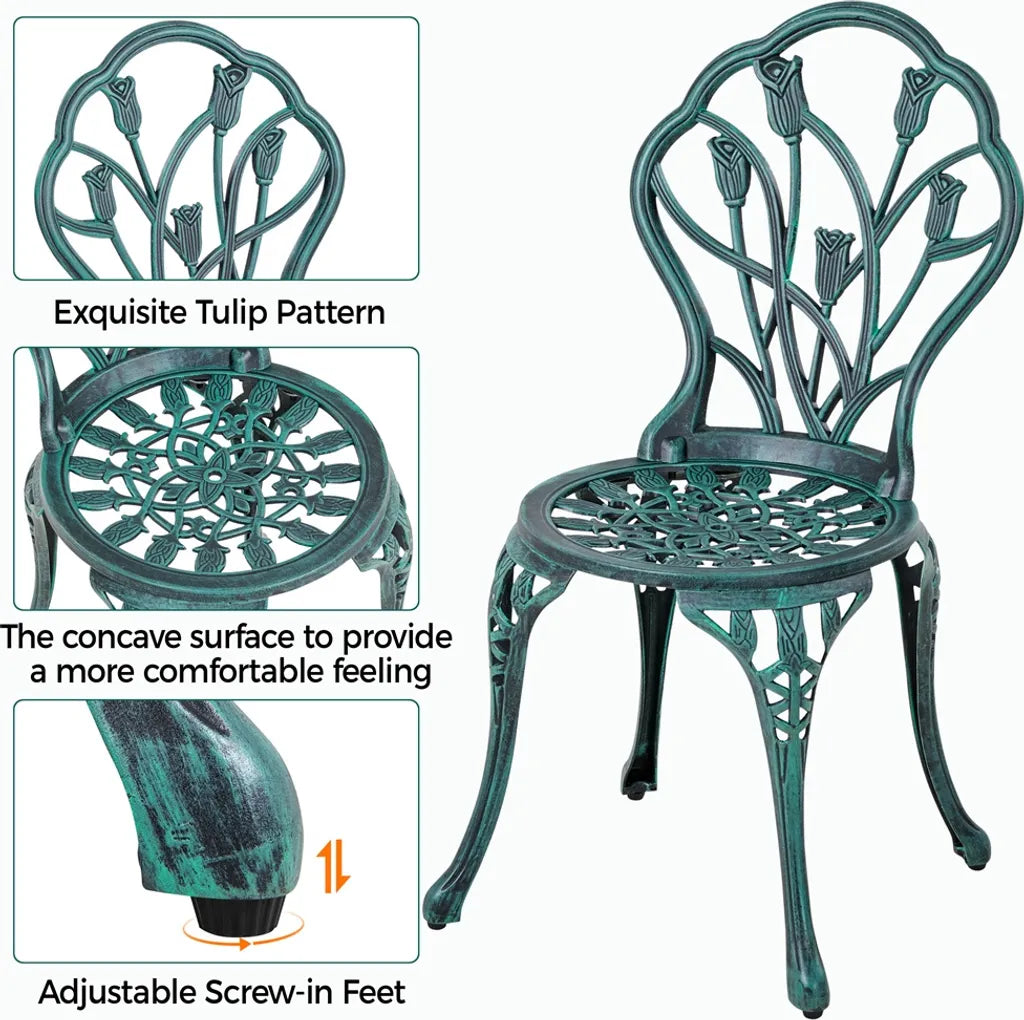 Yaheetech 3-delige Bistroset Tuin - Groen - Aluminium Tuinset met 2 Stoelen en Tafel met Parasolgat