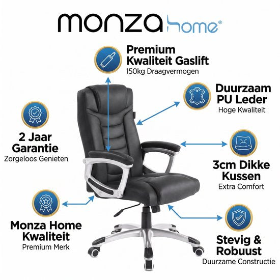 Monza Home® Bureaustoel Zwart – Ergonomische Bureau Stoel – PU Leder – Verstelbaar – 150kg Draagvermogen – Luxe Directiestoel