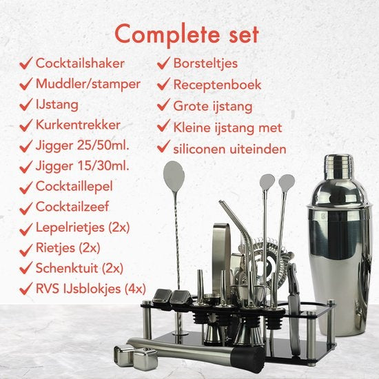 KitchenBrothers Cocktail Set met Cocktailshaker - 24 Delig - Uitgebreide Set - Cadeauverpakking - Zwart/Acryl