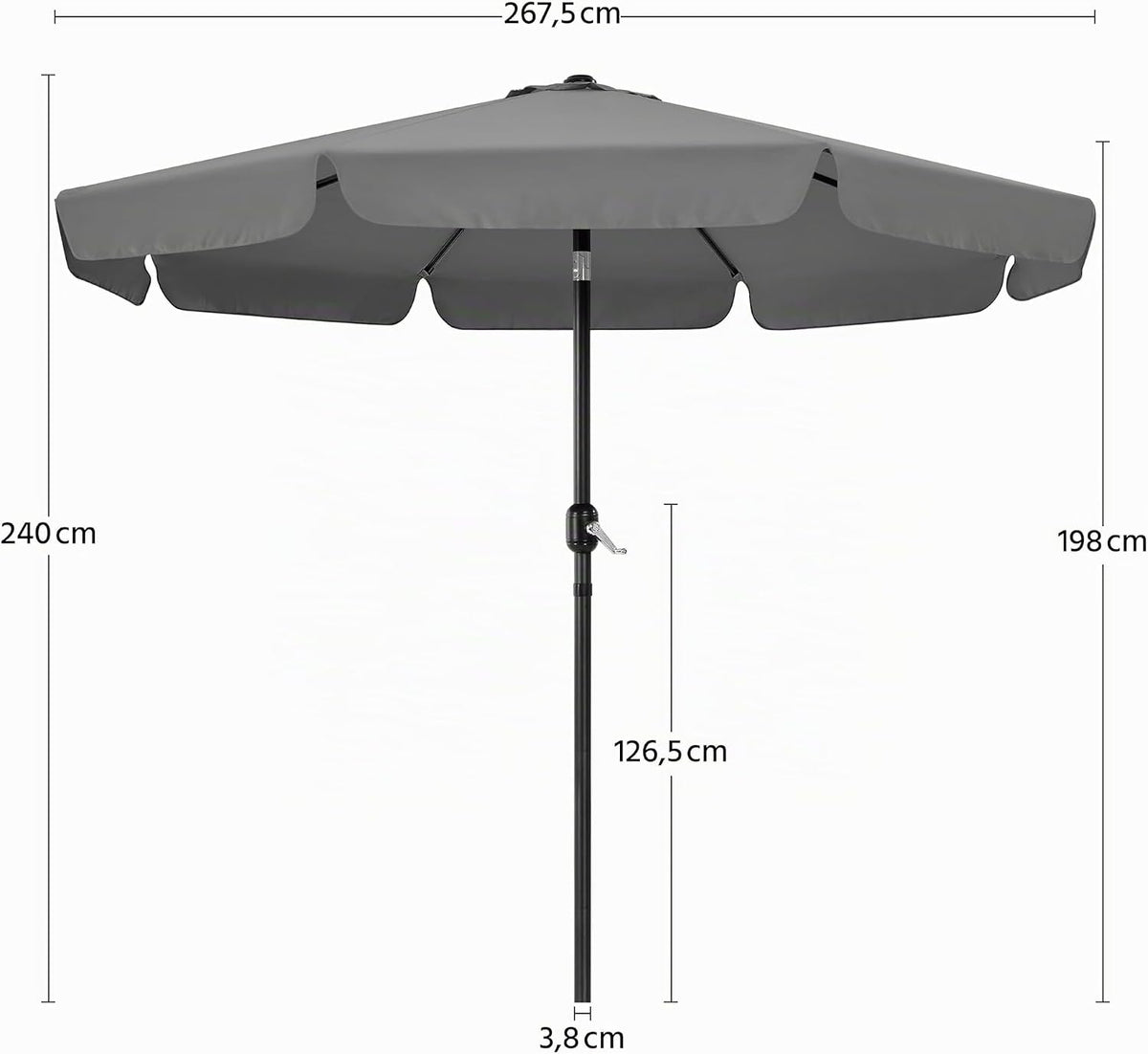 Tuinscherm Parasol 268 cm met Knikfunctie, Slinger en 8 Ribben Grijs