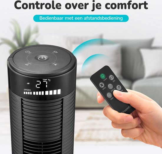 Bloomfold Toren Ventilator - 96,5 cm - Zwart - Afstandsbediening - Slaapstand - 12 uur Timer - Full Led Display