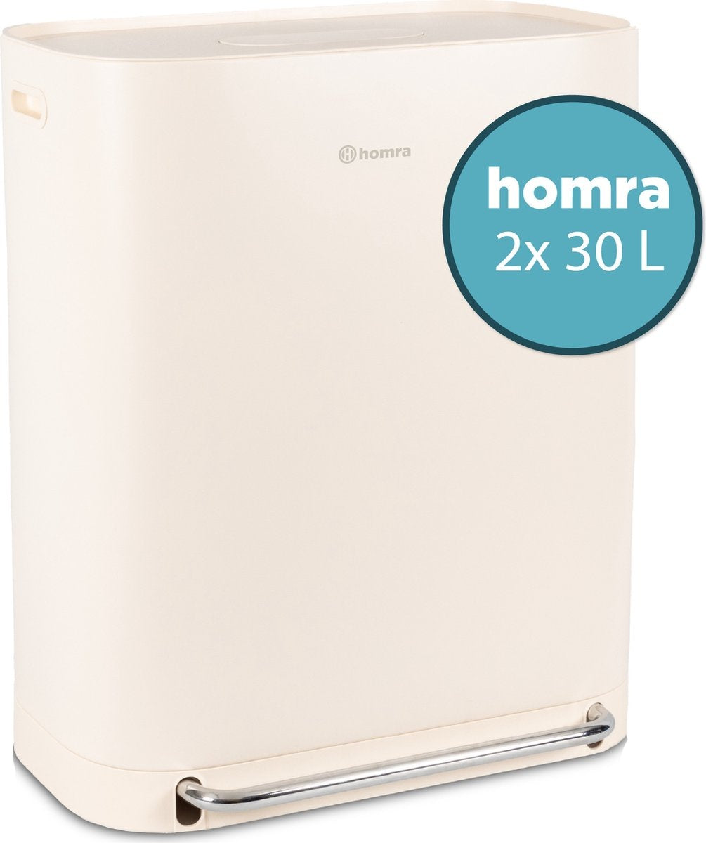 Homra Rockx Prullenbak 60 Liter - Duo Pedaalemmer 2X30L met Geurfilter - RVS - Wit Creme - 33X58X69CM