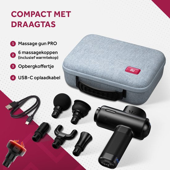 Northwall Massagepistool Professioneel PRO - Massage Gun Inclusief Koffer en 6 Opzetstukken incl. Warmte Massagekop - Krachtig en Draadloos Sport en Relax Massageapparaat