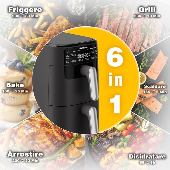 Airfryer met dubbele laag - 2700W Krachtig Vetvrij Frituren - 10L Heteluchtfriteuse met dubbele lade en verticale constructie bespaart 50% ruimte - 6 programma's - Grote capaciteit voor thuisgebruik - Inclusief Receptenboek