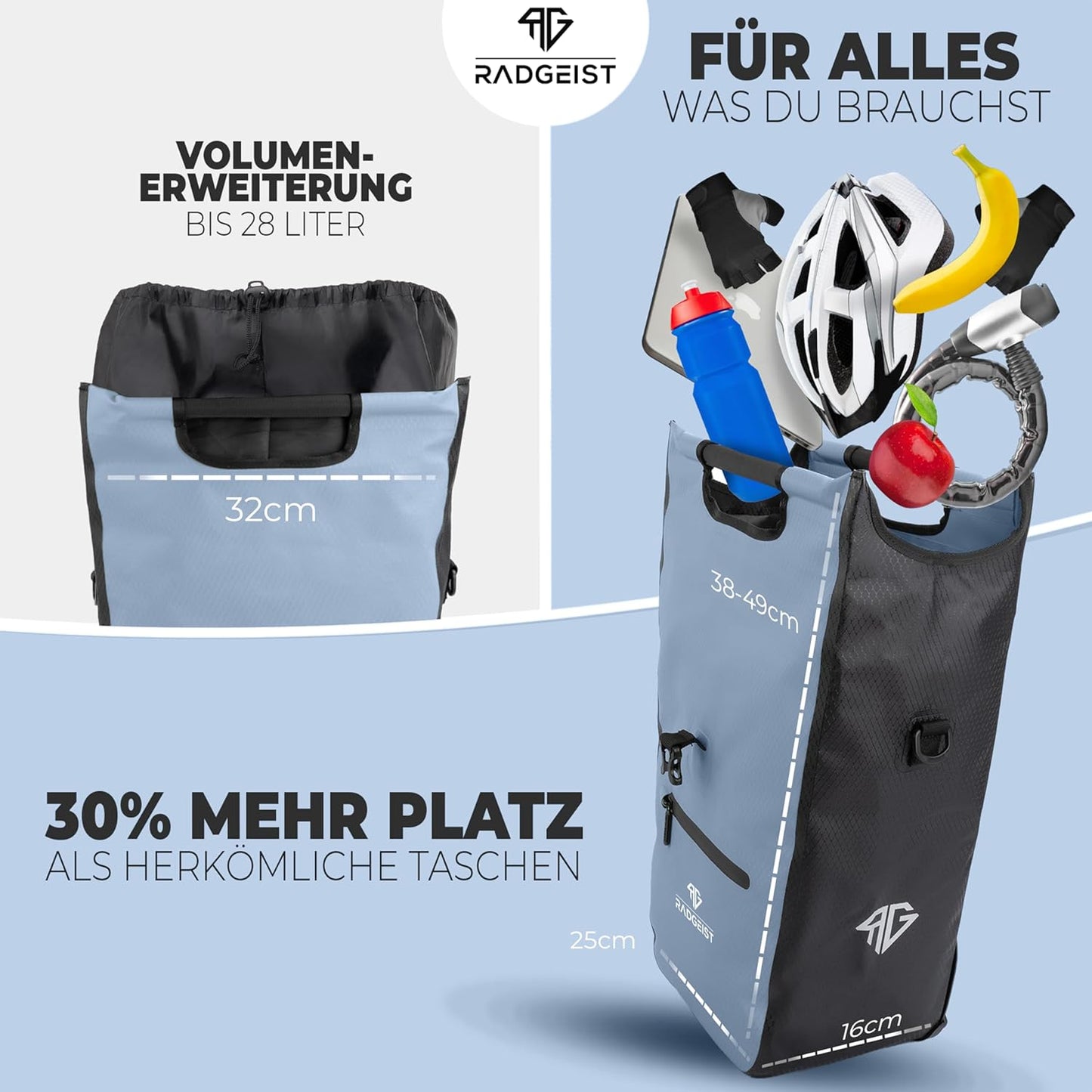 RADGEIST fietstas voor bagagedrager I fietstas shopper met uitneembare koeltas I boodschappentas & boodschappendraagtas 22-28 liter - blauw