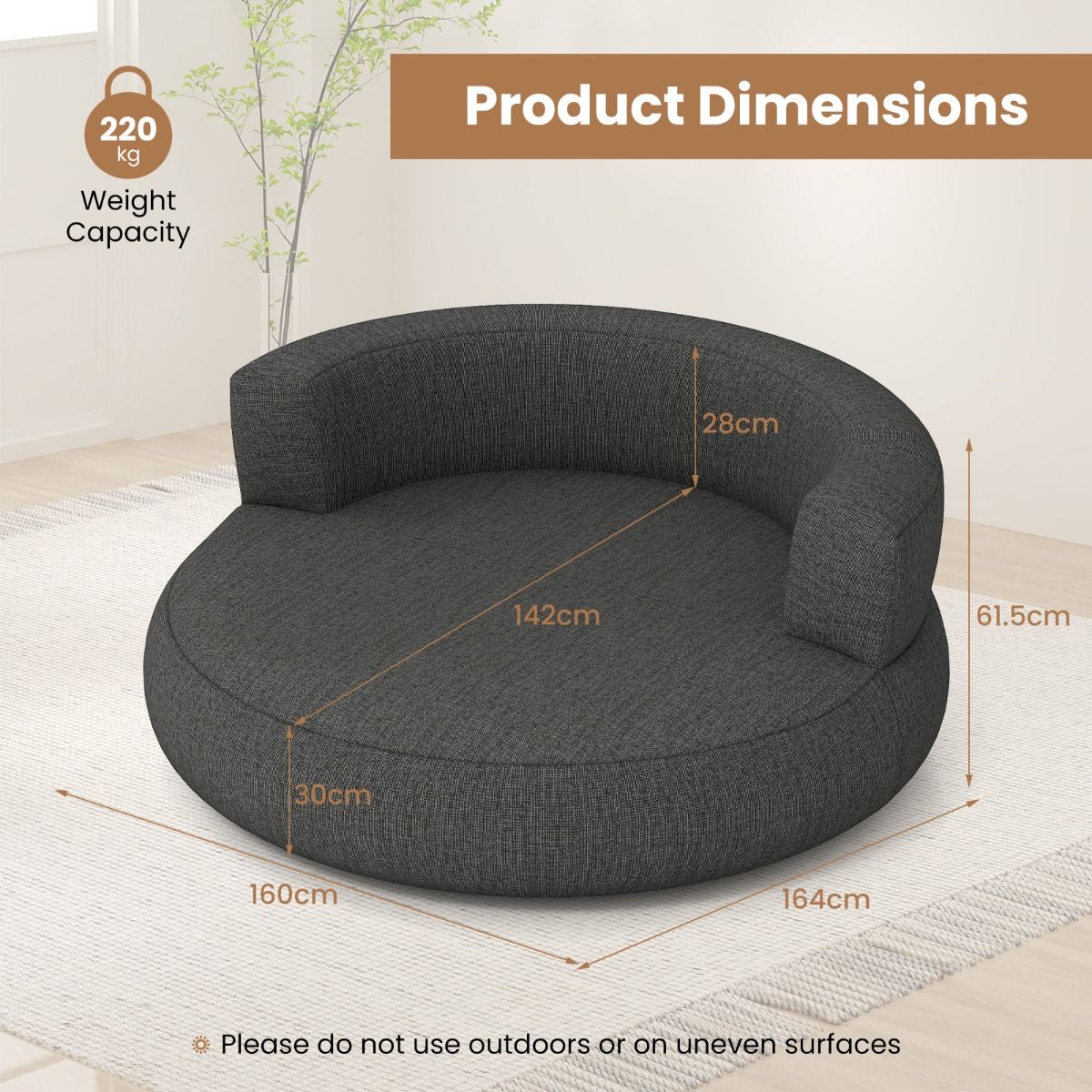 Coast Opblaasbare Bank - ergonomisch ontwerp - afneembare hoes - grijs - 160 x 164 x 61 cm