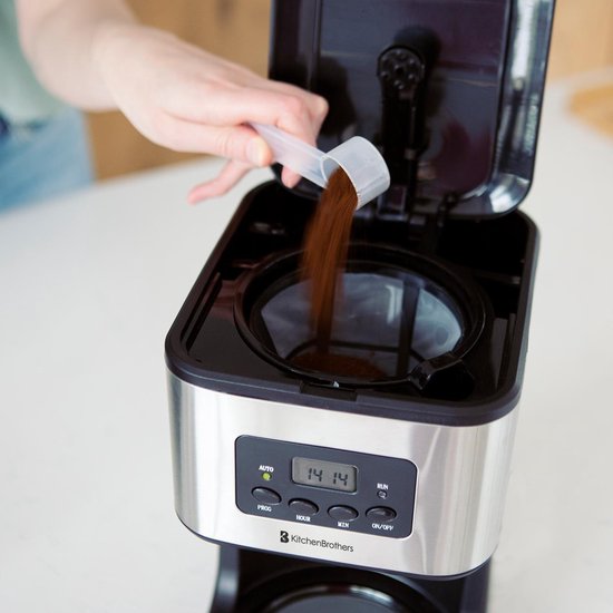 KitchenBrothers Koffiezetapparaat - Filterkoffie - met Glazen Kan - 12 Koppen - Zwart/RVS