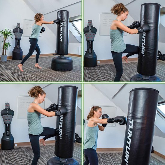Tunturi Bokszak staand - Vrijstaande bokspaal - Makkelijk verplaatsbaar - 180 cm hoog - Met zand, grind of water vulbare voet - Zwart - Incl. gratis fitness app
