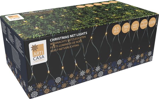Arti Casa Kerst Netverlichting - 6,5m Kerstverlichting Buiten Met 160 LED Lampjes - Warm Wit - Netverlichting Voor Binnen en Buiten - 230V