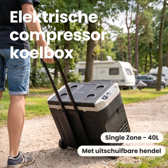 Auronic Elektrische Koelbox - Compressor - 40L - 12V en 240 volt - Camping Koelkast - Frigobox Auto - Met Wielen en Hendel - Zwart