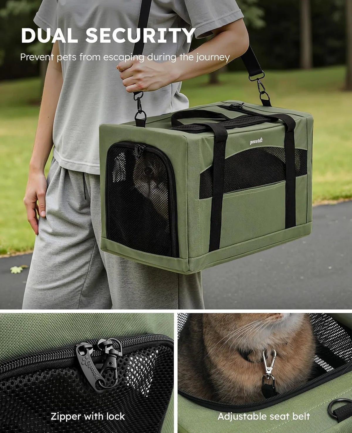 Pecute Huisdierentas Frame-Serie - Armygroen - 43 cm - Tot 5 kg, Kat & Kleine Hond