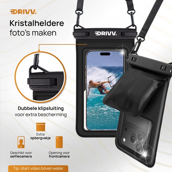 Drivv Luxe Waterdicht Telefoonhoesje 2-in-1 - Drijvend - Dubbele Klipsluiting - Voor Telefoons tot 7 Inch - Zwart
