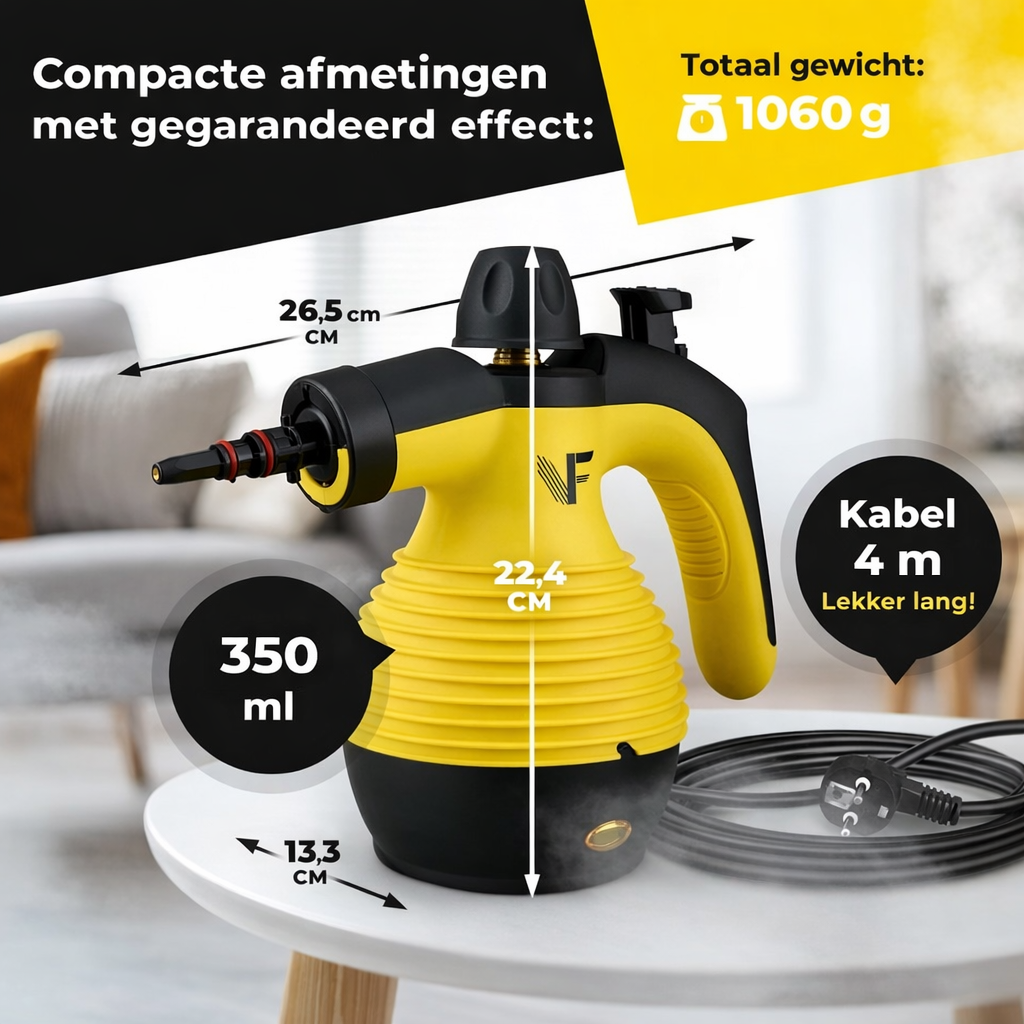 Neighbour's friend Handstoomreiniger - Stoomregeling - Inclusief 10 accessoires - 350 ml tank - Geel