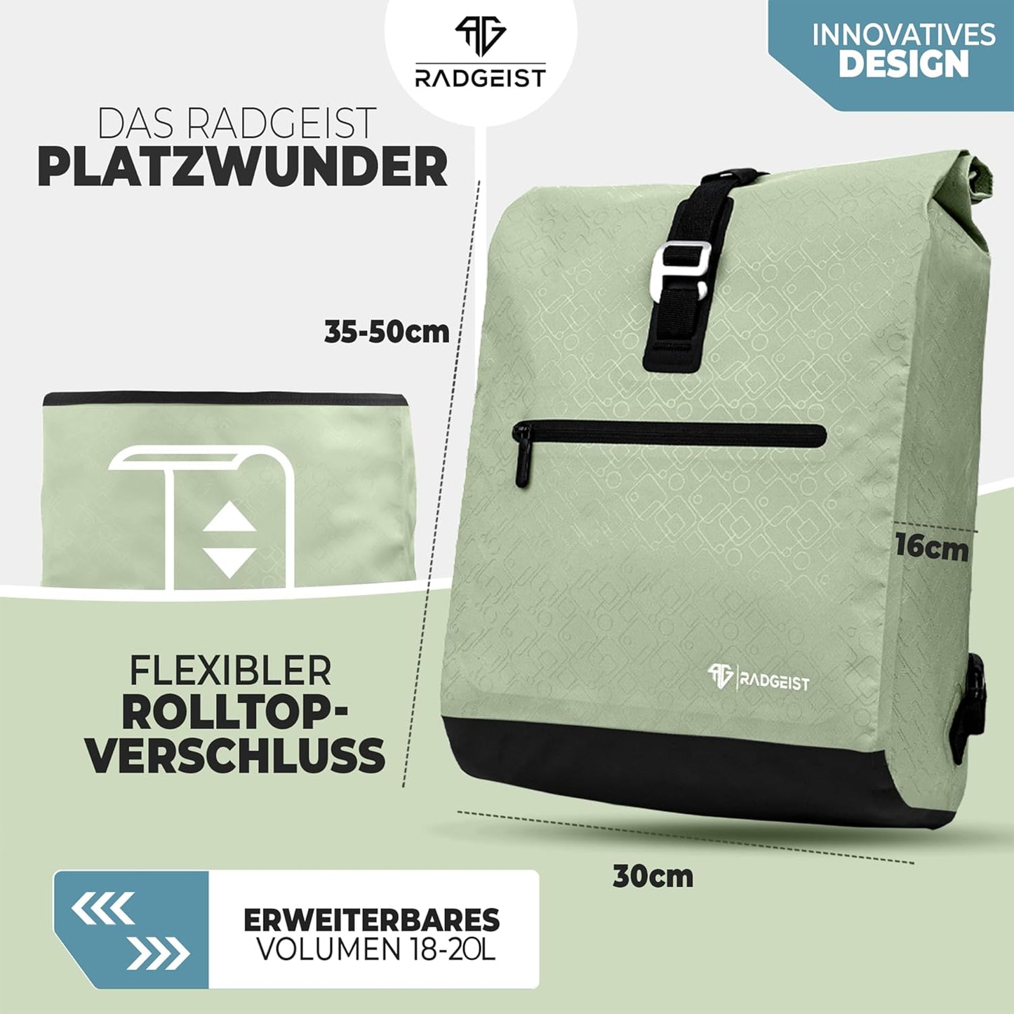RADGEIST fietstas voor bagagedrager I fietstas & rugzak I fietstas voor dames & heren I schoudertas & fietstas voor fiets 20L Mint
