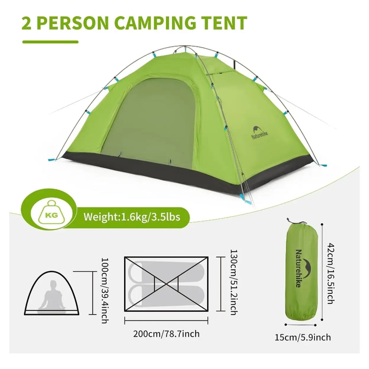 Naturehike P-Series 4-Seizoenen Tent - 2 Personen - Groen