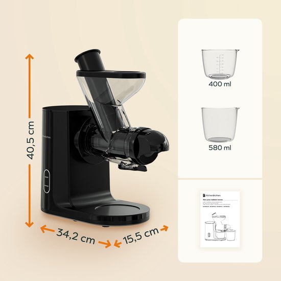 KitchenBrothers Slowjuicer - Juicer - Groenten en Fruitpers - 43 mm en 60 mm invoer - 400 ml - Zwart