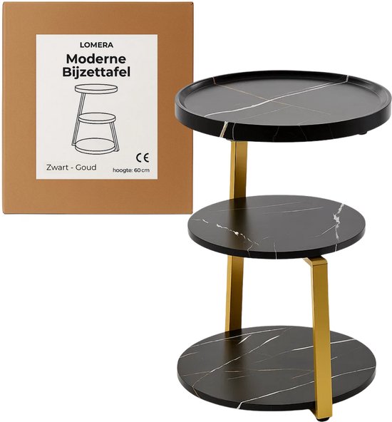 Lomera Moderne Bijzettafel - Zwart Goud - Goudkleurig Metalen Frame - Zwart Gemarmerd - Mdf Materiaal - Ronde Bijzettafel - Woonkamer Tafel - Luxe Design - Marmer Look - Veelzijdigheid & Flexibiliteit - Ruimtebesparend - Stelpootjes